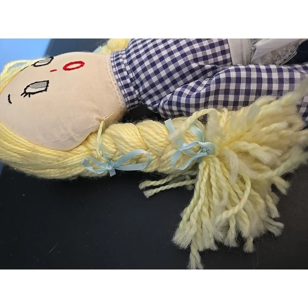 Vintage Handmade Cloth Doll‎ With Stitched Facial Features Blond Hair Apron